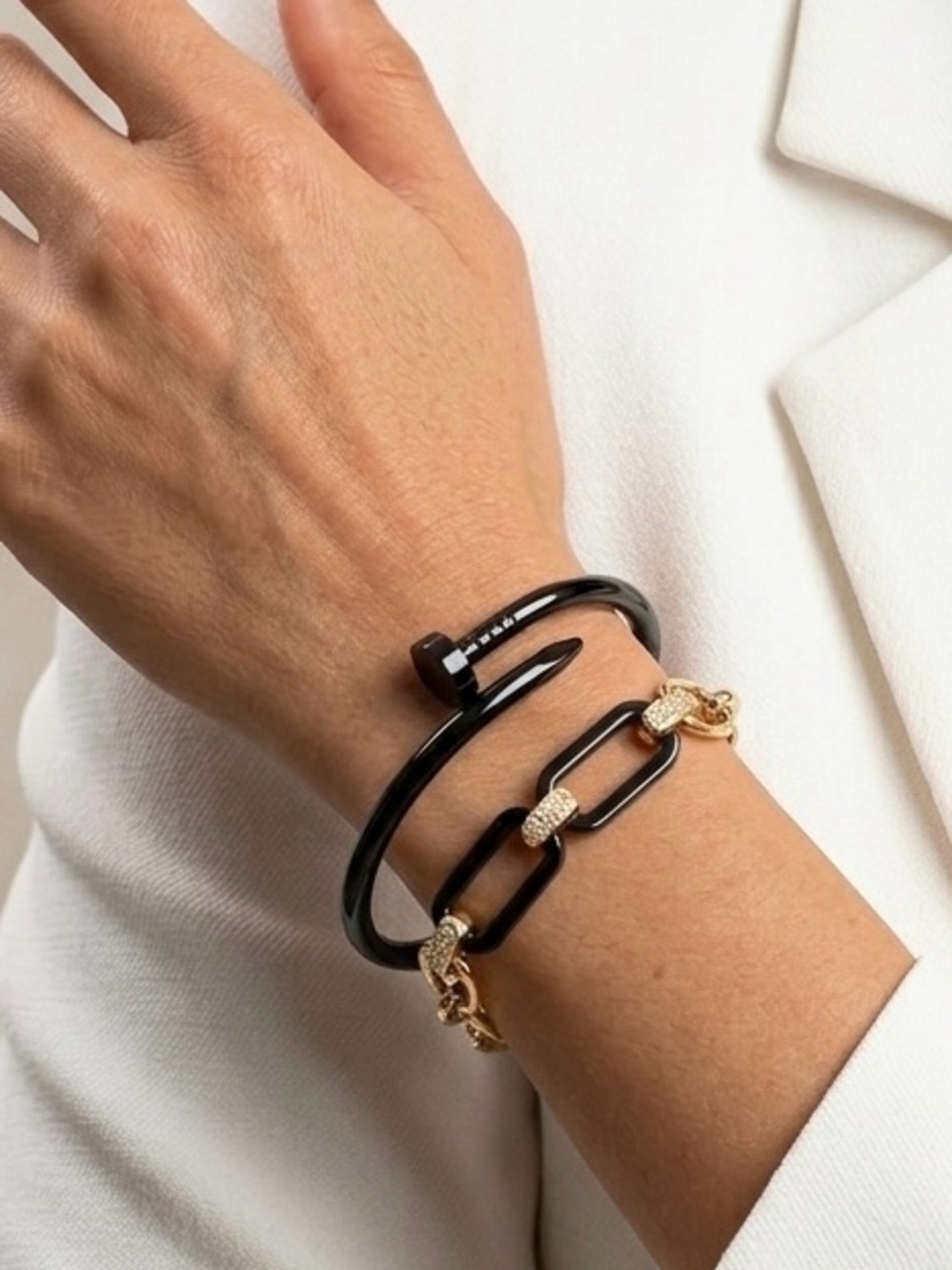 Set 2-Piece Stackable | Black Nail Bracelet & Black/Gold Paperclip Link Bracelet
